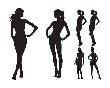 Vector silhouettes of three women standing, arms to the sides and up, profile, business people, black color, isolated on white background
