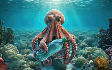 An octopus at the bottom of the ocean, near the reef holding a bottle in its tentacles.