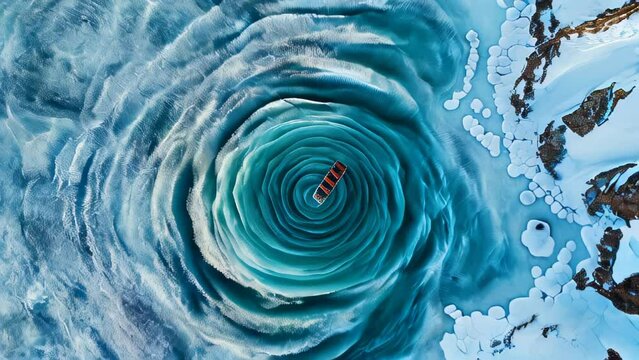 A boat appears to be engulfed by a whirlpool in the ice-covered sea, surrounded by the curious terrain formed by blocks of ice.
