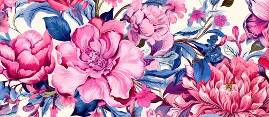Zelfklevend Fotobehang A close up of a creative arts painting featuring pink and blue flowers with violet petals on a white background, creating a beautiful and colorful pattern © 2rogan