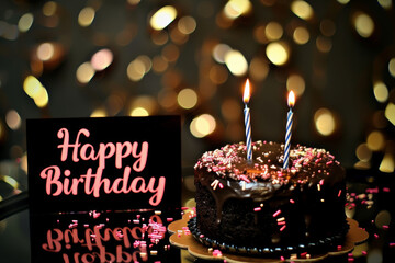 A delicious chocolate birthday cake with two candles, the greeting card on a black background