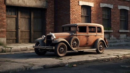 old corroded car left on street with brick buildings - obrazy, fototapety, plakaty
