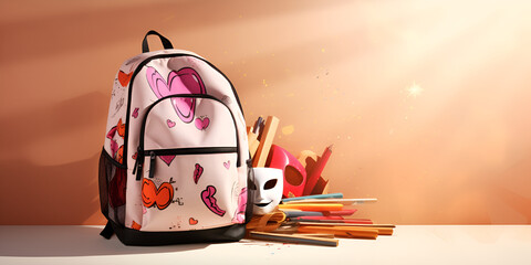 a student bag with a faced glass of pencils fashion trendy brown wall and sunny background - obrazy, fototapety, plakaty