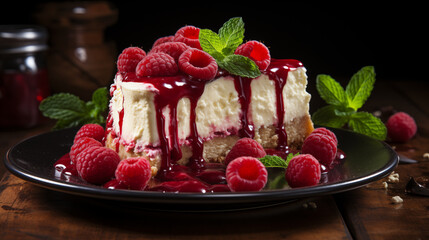 Cheesecake with sour cream, different berries and fresh mint decorations, concept of cooking in the kitchen