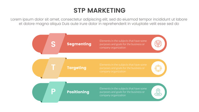 stp marketing strategy model for segmentation customer infographic with long round rectangle shape stack 3 points for slide presentation