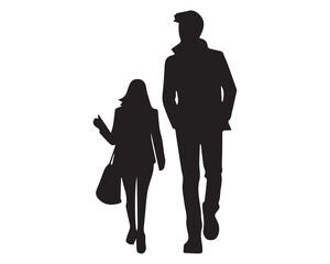 Vector silhouettes of man and a woman, a couple standing business people, black color isolated on white background
