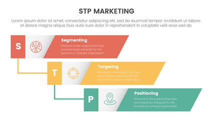 stp marketing strategy model for segmentation customer infographic with vertical timeline skew rectangle waterfall 3 points for slide presentation