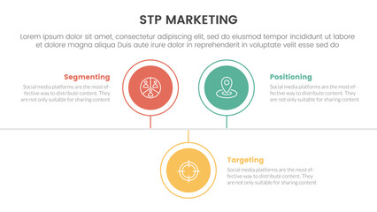 stp marketing strategy model for segmentation customer infographic with circle timeline right direction up and down 3 points for slide presentation