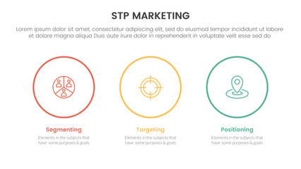stp marketing strategy model for segmentation customer infographic with big circle outline horizontal 3 points for slide presentation