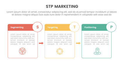stp marketing strategy model for segmentation customer infographic with box outline and badge arrow 3 points for slide presentation