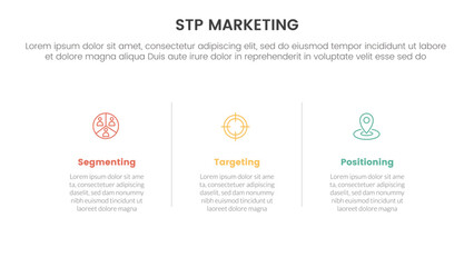 stp marketing strategy model for segmentation customer infographic with horizontal clean information with line divider 3 points for slide presentation