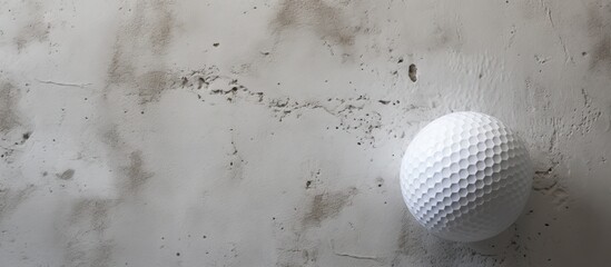 A white golf ball is placed on a concrete surface, creating a contrast between the smooth sphere and the rough texture of the ground. The monochrome photography captures the simple yet striking image
