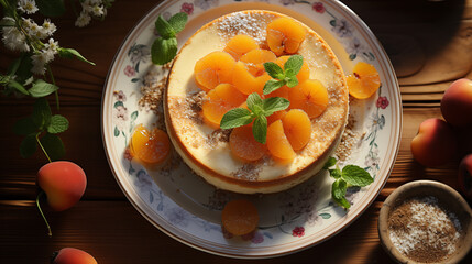 Cheesecake with sour cream, orange peaches and apricots and fresh mint decorations, concept of cooking in the kitchen