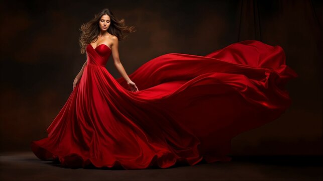 Woman in flowing red gown on dark backdrop