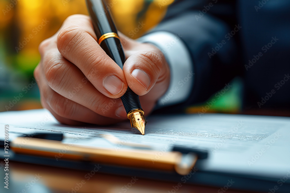 Wall mural man politician signs a document contract agreement with a pen in hand at table in office close-up