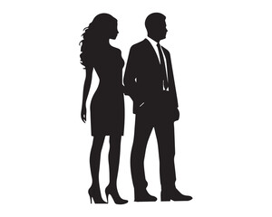 Vector silhouettes of men and a women, a group of standing business people, black color isolated on white background