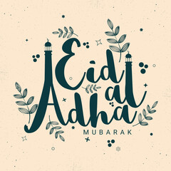Stylish Text Eid-Al-Adha Mubarak with Minarets of Mosque with floral leaves decorated background for Muslim Community, Festival of Sacrifice Celebration.