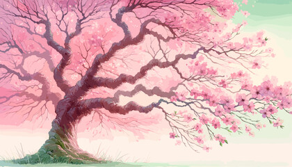 Concept of the image of a large beautiful cherry tree. Vector illustration.