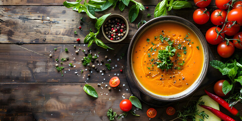 A delicious bowl of soup filled with natural foods and surrounded by assorted vegetables displayed on a wooden table - obrazy, fototapety, plakaty
