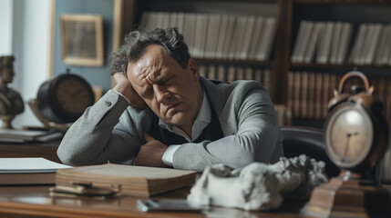 Businessman sleeping on his office table with many documents