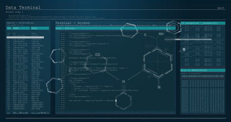 Chemical structures floating over digital interface with data processing against blue background