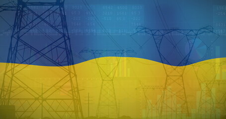 Image of flag of ukraine over field and electricity poles