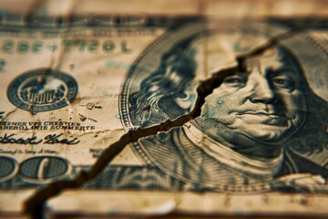 Close-up of a torn hundred dollar bill, symbolizing economic distress and financial instability....