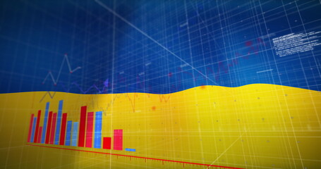 Obraz premium Image of financial data and graph over flag of ukraine