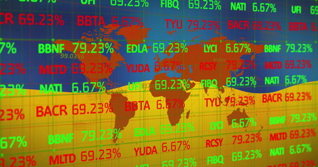 Image of financial data and world map over flag of ukraine