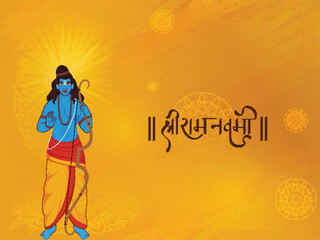 Obraz premium Shri Ram Navami (Birthday of Lord Rama) Greeting Card with Avatar of Lord Rama Standing on Chrome Yellow Mandala Background.