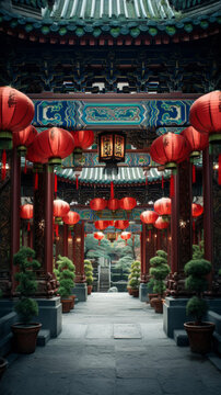Traditional Chinese temple walkway adorned with vibrant red lanterns, inviting a sense of tranquility and cultural heritage. The pathway leads through intricately decorated archways, symbolizing peace