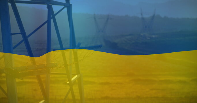 Naklejki Image of flag of ukraine over field and electricity poles