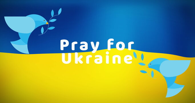 Image of pray for ukraine and dove over flag of ukraine