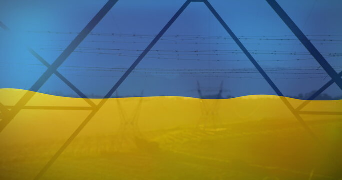 Naklejki Image of flag of ukraine over field and electricity poles