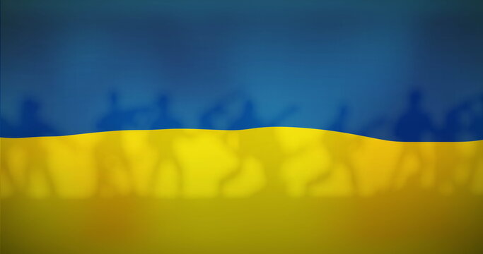 Naklejki Image of flag of ukraine over soldiers silhouettes
