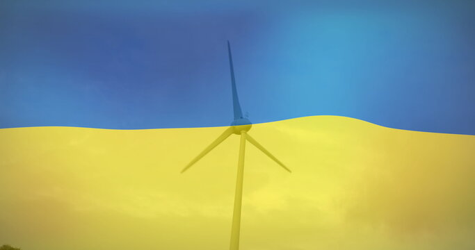 Image of flag of ukraine over wind turbine