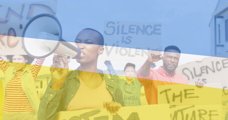 Image of flag of ukraine over diverse female and male protesters