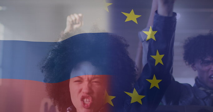 Image of flag of russia and european union over african american female and male protesters