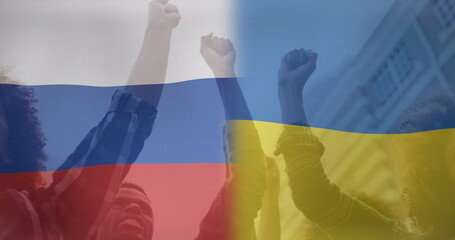 Obraz premium Image of flag of ukraine and russia over hands of diverse protesters