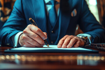 man politician businessman in suit signs a document contract agreement with a pen in hand at a table in office - obrazy, fototapety, plakaty