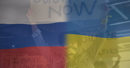 Image of flag of ukraine and russia over african american male protester in face mask