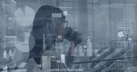 Image of data processing over asian businesswoman walking