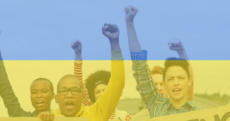 Image of flag of ukraine over diverse female and male protesters