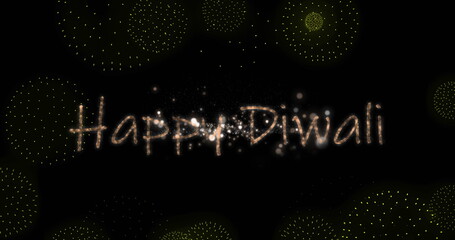 Image of happy diwali text over shapes and fireworks on black backrgound