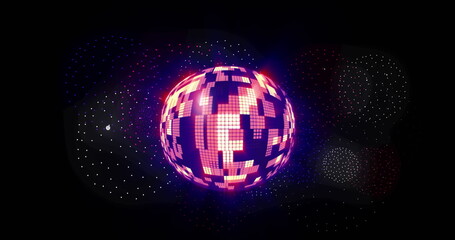 Image of disco ball over shapes and fireworks on black backrgound