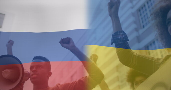 Image of flag of russia over african american female and male protesters