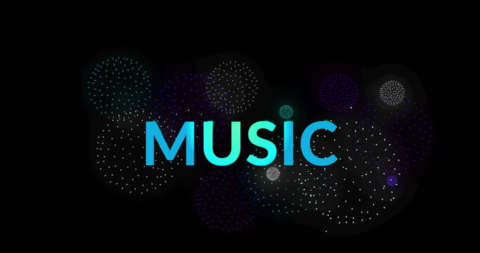 Image of music text over shapes and fireworks on black backrgound