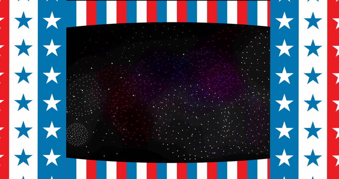 Naklejki Image of stars and stripes over shapes and fireworks on black backrgound
