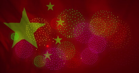Image of fireworks over flag of china