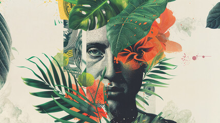 Abstract collage - profile view of overlapping face with plant motifs and money elements.